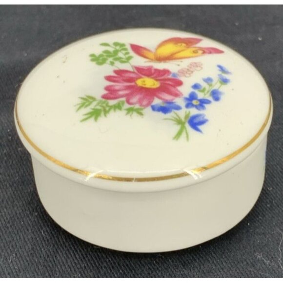 Lefton Trinket Box Bone China Flower Butterfly Flowers 2" Vintage - Picture 2 of 8